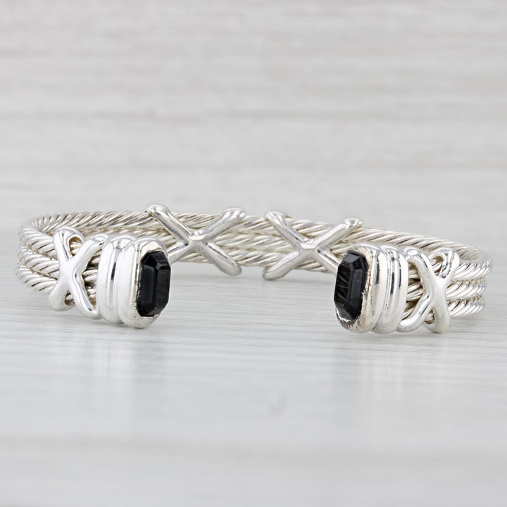 Black Glass X Pattern Cuff Bracelet Sterling Silver 6.75