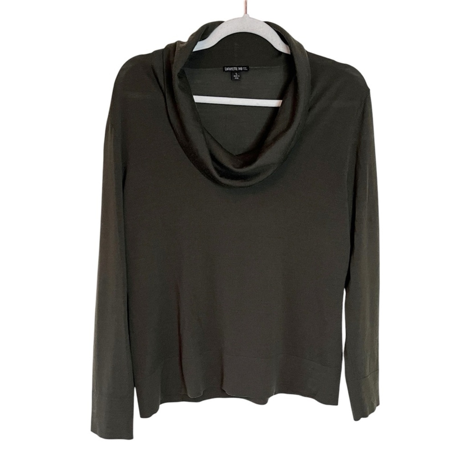 Lafayette 148 Wool Cowl Neck Classic Fit Lightweight Knit Sweater Olive Green