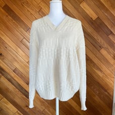 Vintage White Cotton Fisherman Geometric V-Neck Sweater