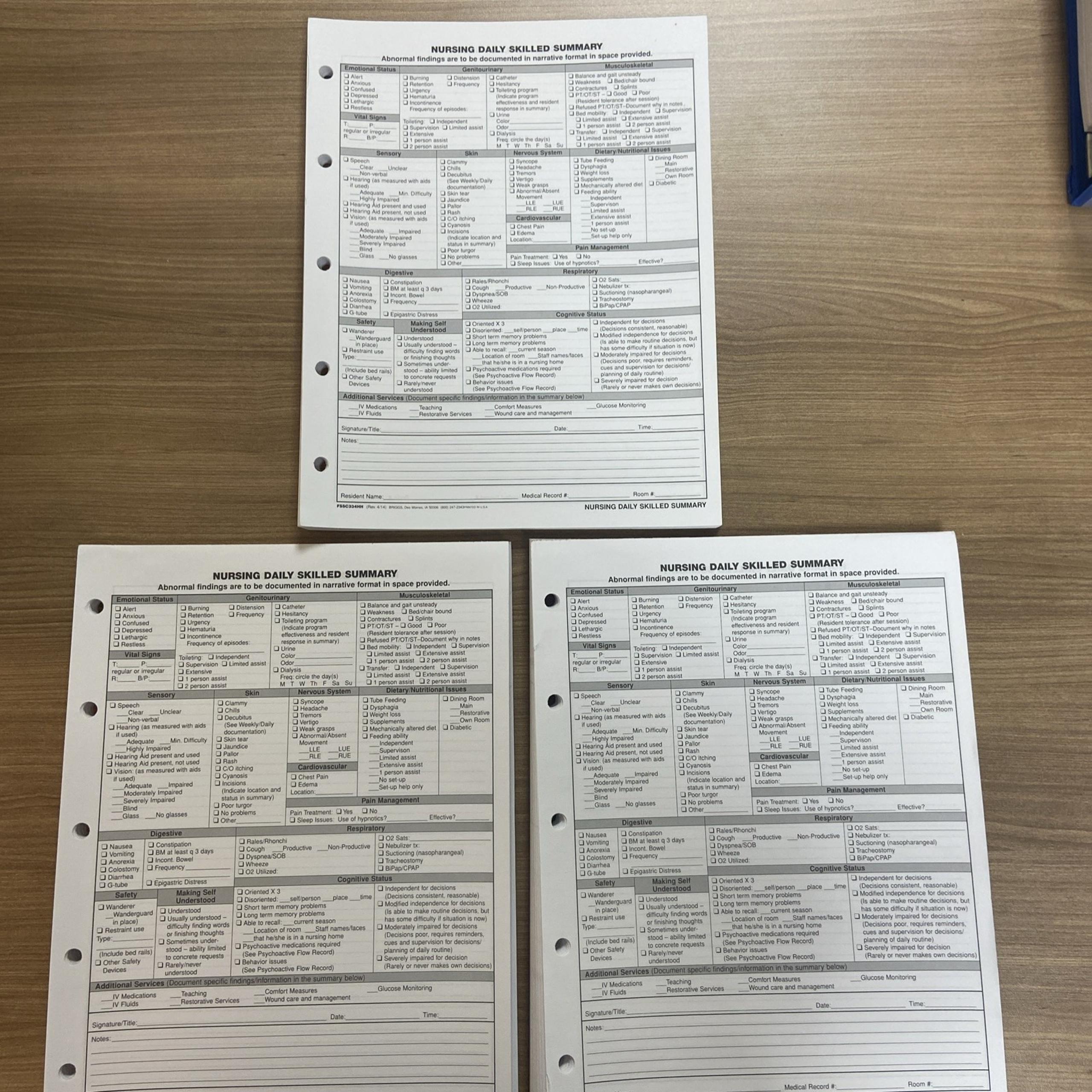 Lot Of 3 Briggs Nursing Daily Skilled Summary Medical Record FSSC334HH Form