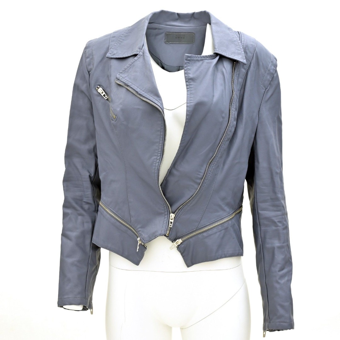 Blank NYC Womens Blue Gray Faux Leather Moto Jacket Size Large Fits Medium