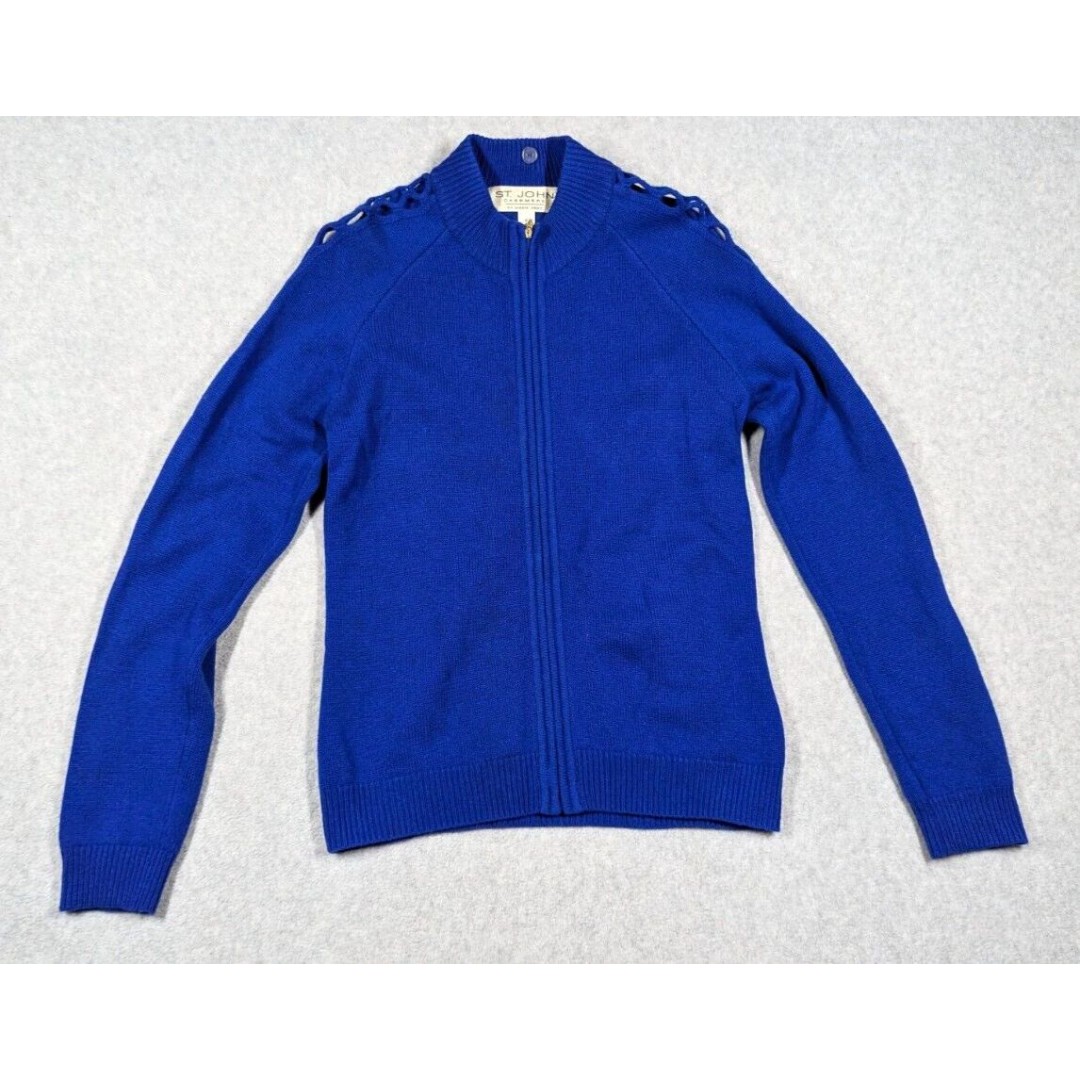 St. John Women Cardigan Sweater Petite 100% Cashmere Rhinestone Cutout Zip Up
