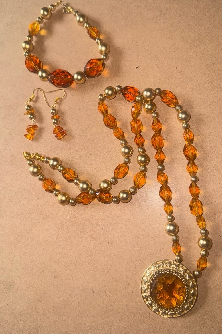 Vintage Amber and Gold bead necklace, earrings and 73/4” bracelet