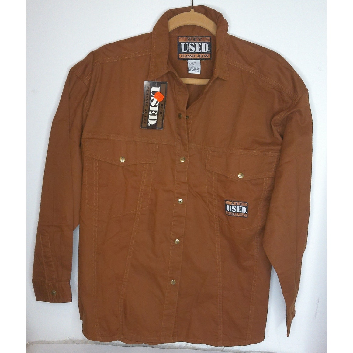 Vintage Get Used Classic Jeans Snap Button Down Brown Shirt Size Large New