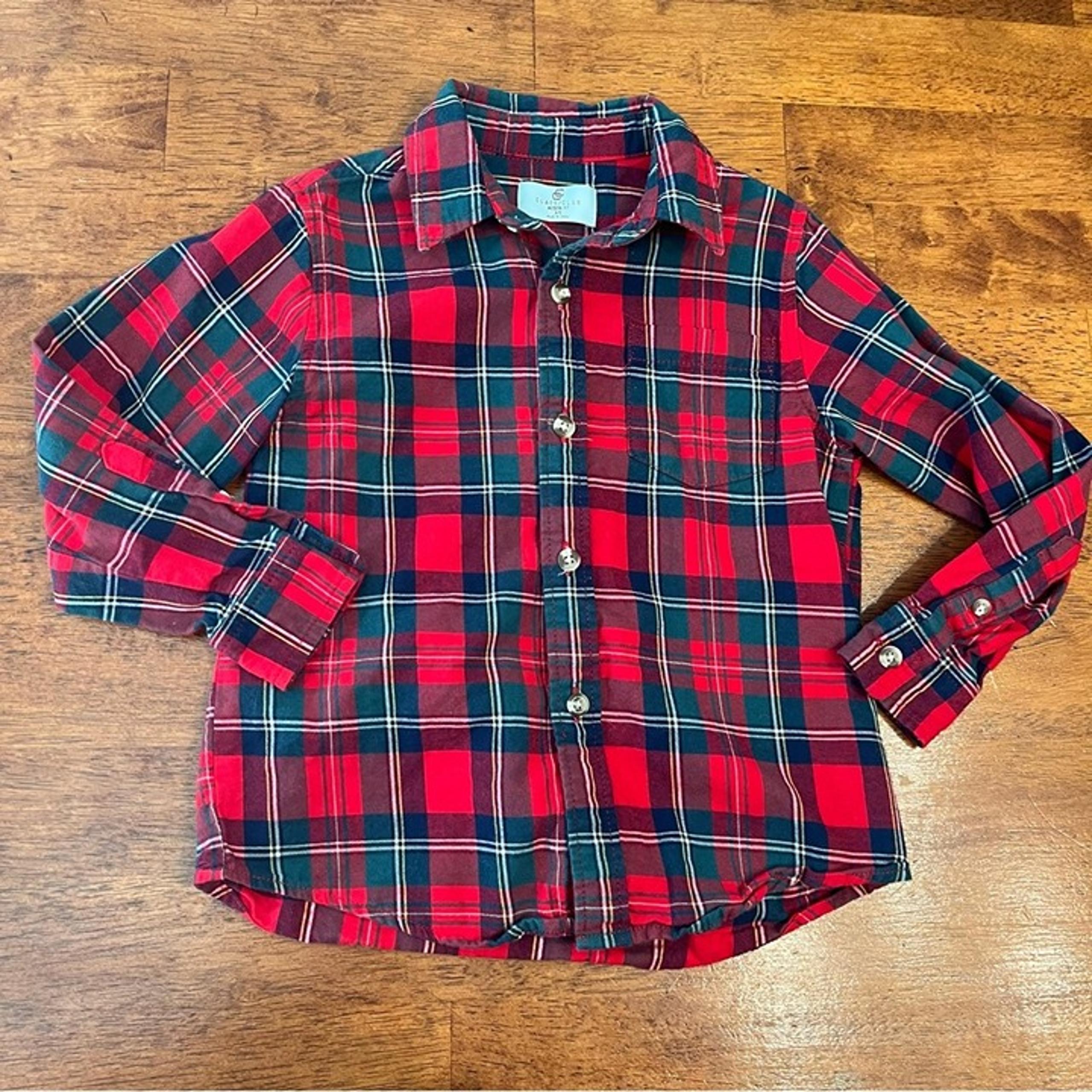 Boys Class Club red navy green plaid button down size 4/5 100% cotton