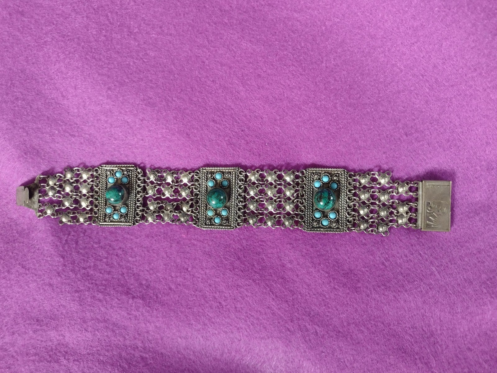 Antique - Israel, Jerusalem Chain and Link, Turquoise Embedded Bracelet