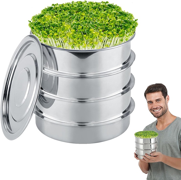 Stainless Steel Seed Sprouting Kit - 4-tier Microgreens Growing Tray 6in Dia