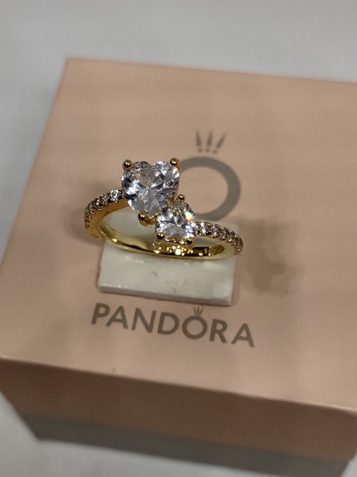 New Pandora Golden 14k plated Double Heart Sparkling ring size 6 / 52