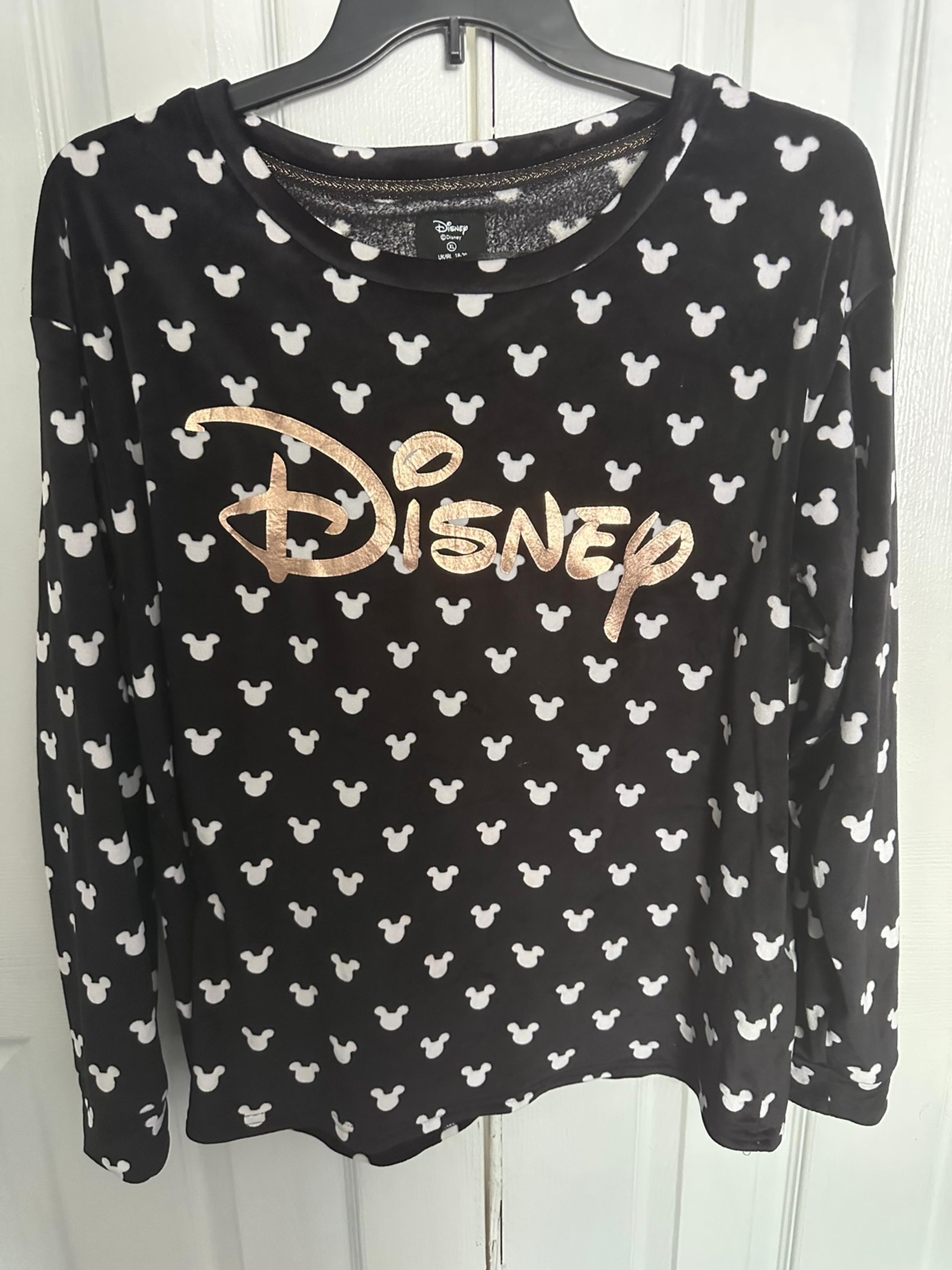 DISNEY Mickey Mouse Women's Black Velour Gold Logo Pajama top Size Xlarge 14/16