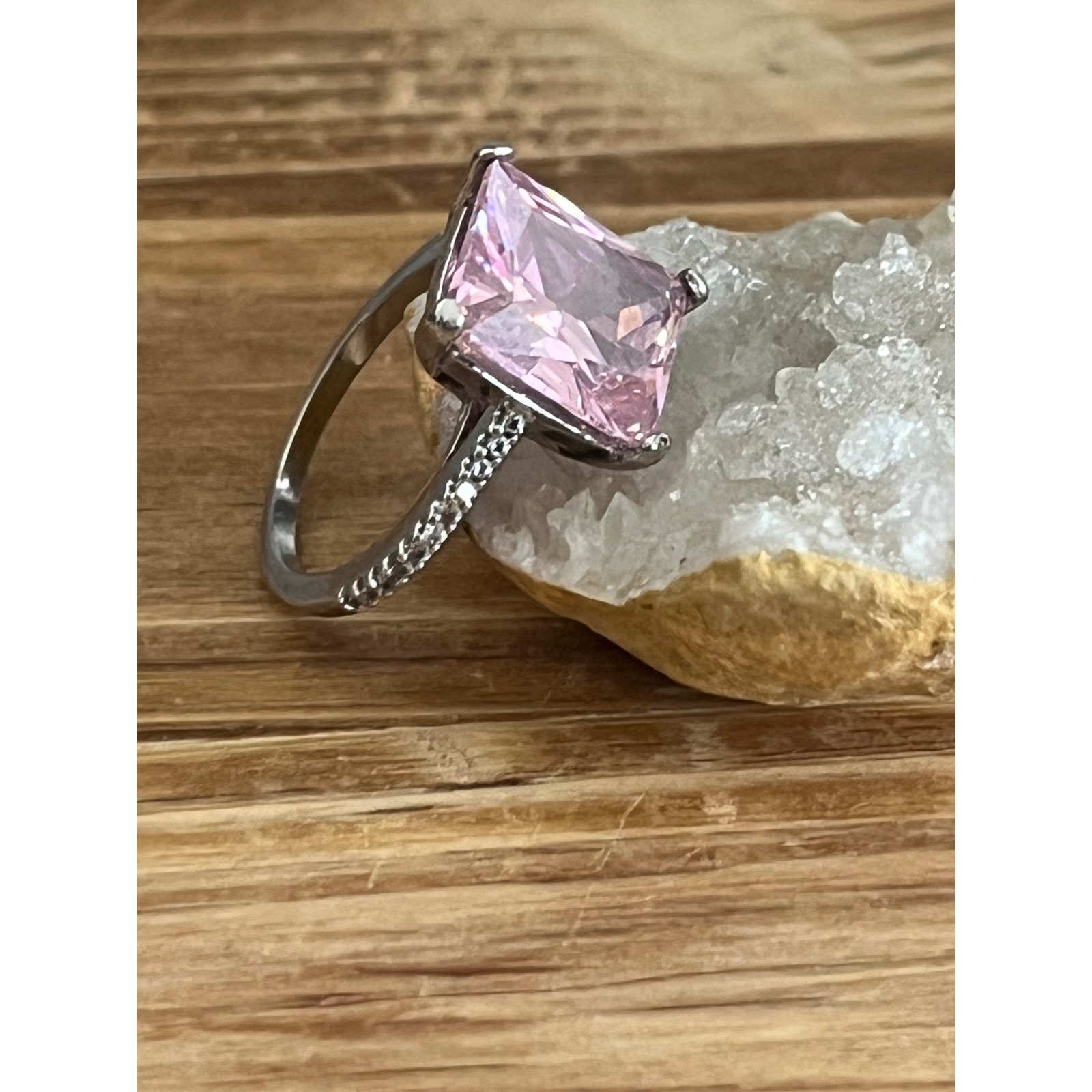 New Pink Topaz Band Ring Set In Sterling Silver w Crystal Accents Statement Ring