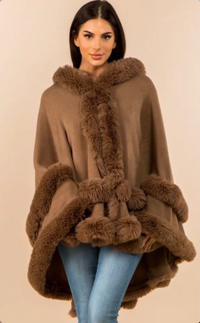 Faux Fur cape with hood; faux fur wrap, hooded cape w/faux fur trim,taupe