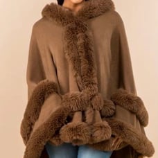 Faux Fur cape with hood; faux fur wrap, hooded cape w/faux fur trim,taupe