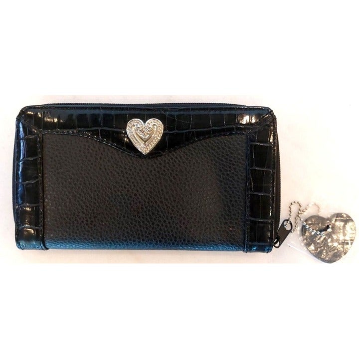 Brighton Bellissimo Heart Black Patent Leather Croc Embossed Pebbled Wallet New