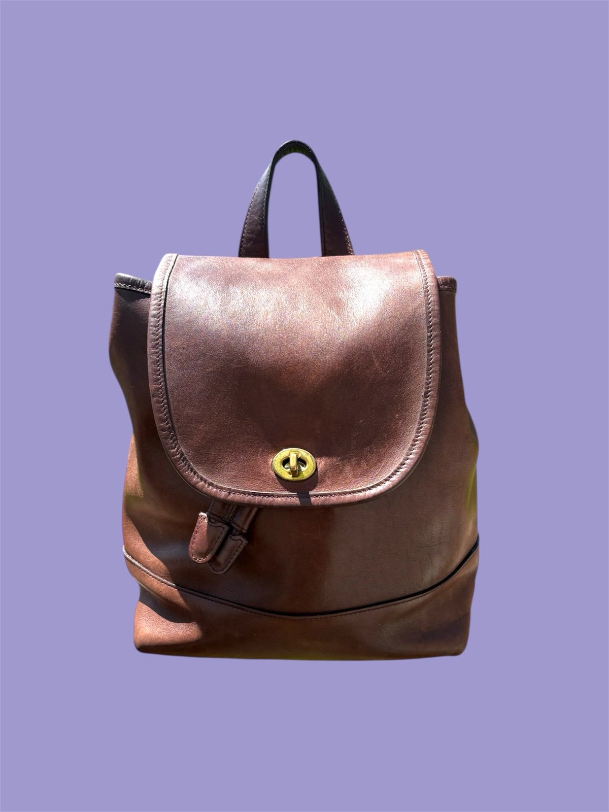 COACH Vintage Brown Leather Brass Turn Lock Backpack Daypack Purse Bag