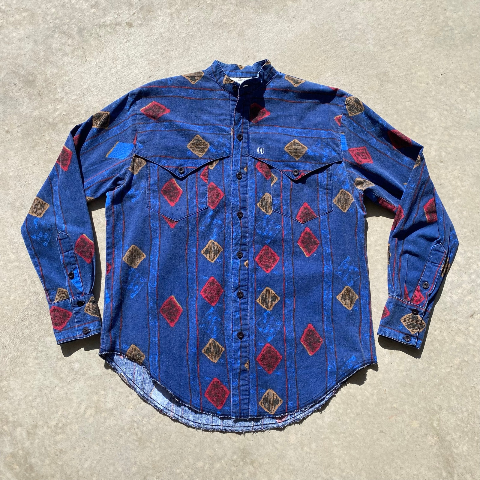 90s Mens Shirt South Western Print Blue Cotton Button Down Mandarin Collar Sz S