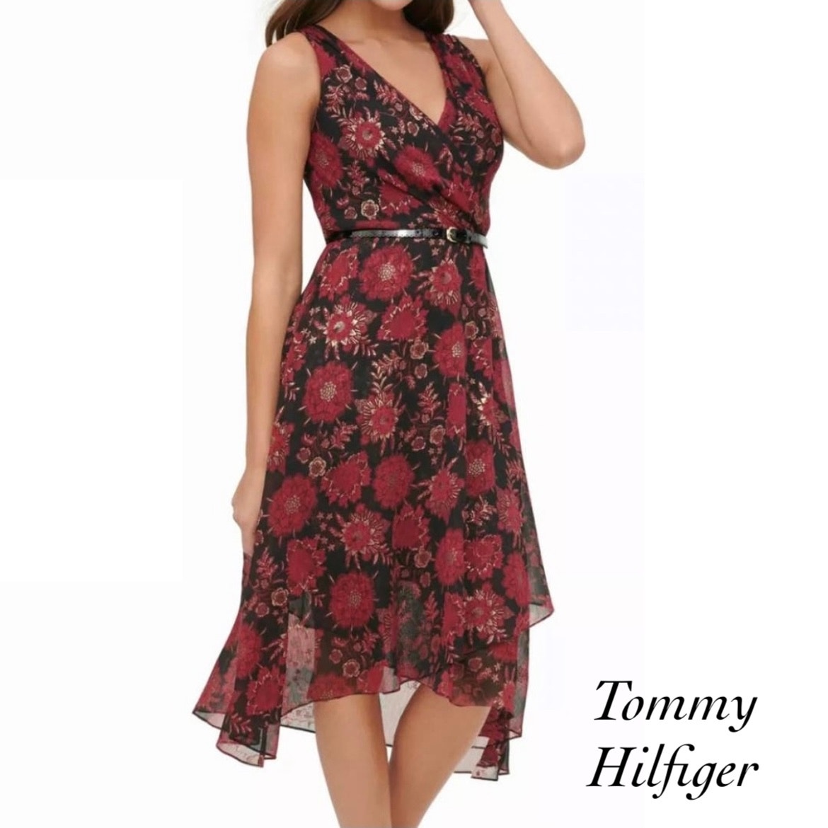 Tommy Hilfiger Black Burgundy Metallic Gold Floral Belted Wrap Dress NWT Size 10