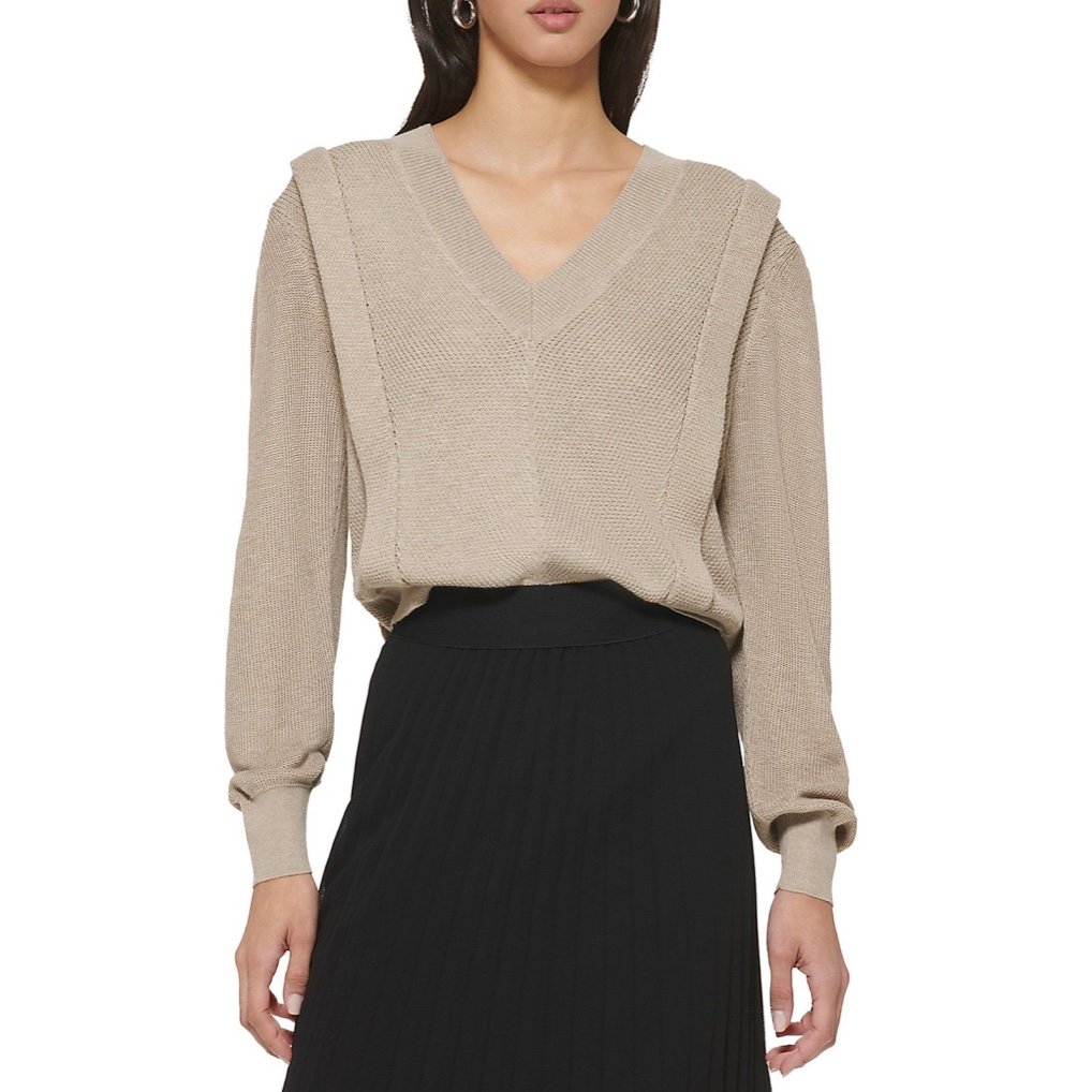 DKNY V Neck Flange Sweater Pebble Heather Large NWT