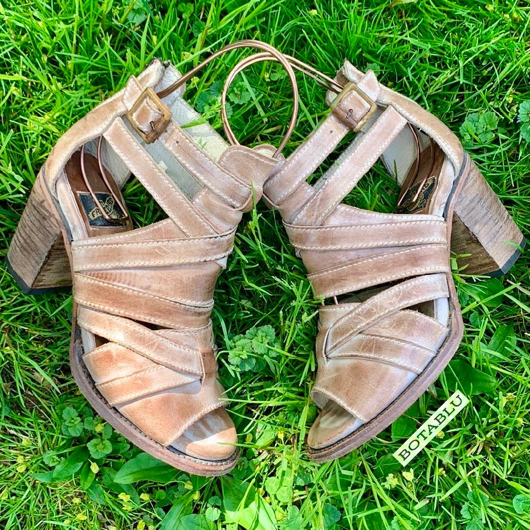 FREEBIRD BY STEVEN Claw Tan Brown High Heel Strappy Boho Western Sandals Size 7