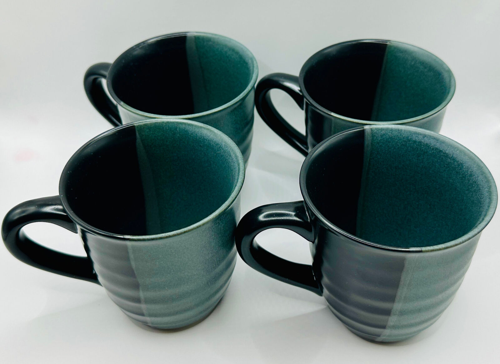 Sango Mugs Green w Black (4) 3-7/8 Stoneware