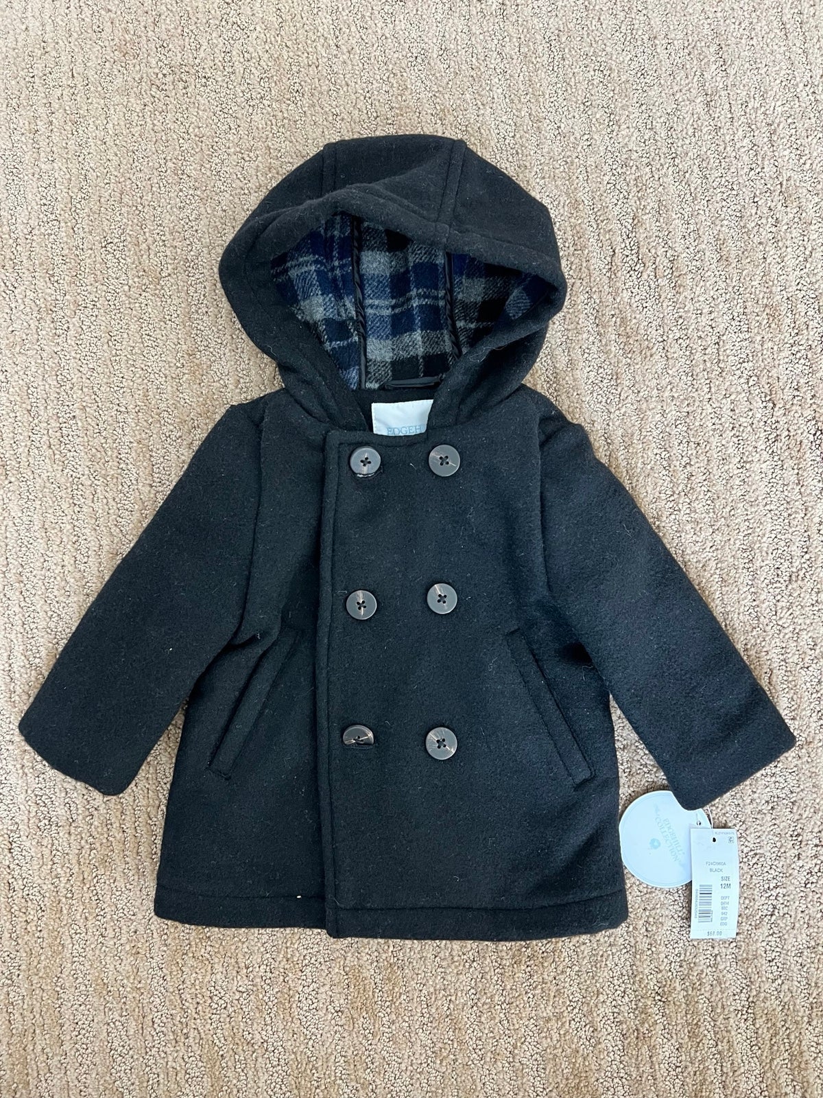 Baby Boy 12-month Hooded Pleated Peacoat in Black - Edgehill Collection
