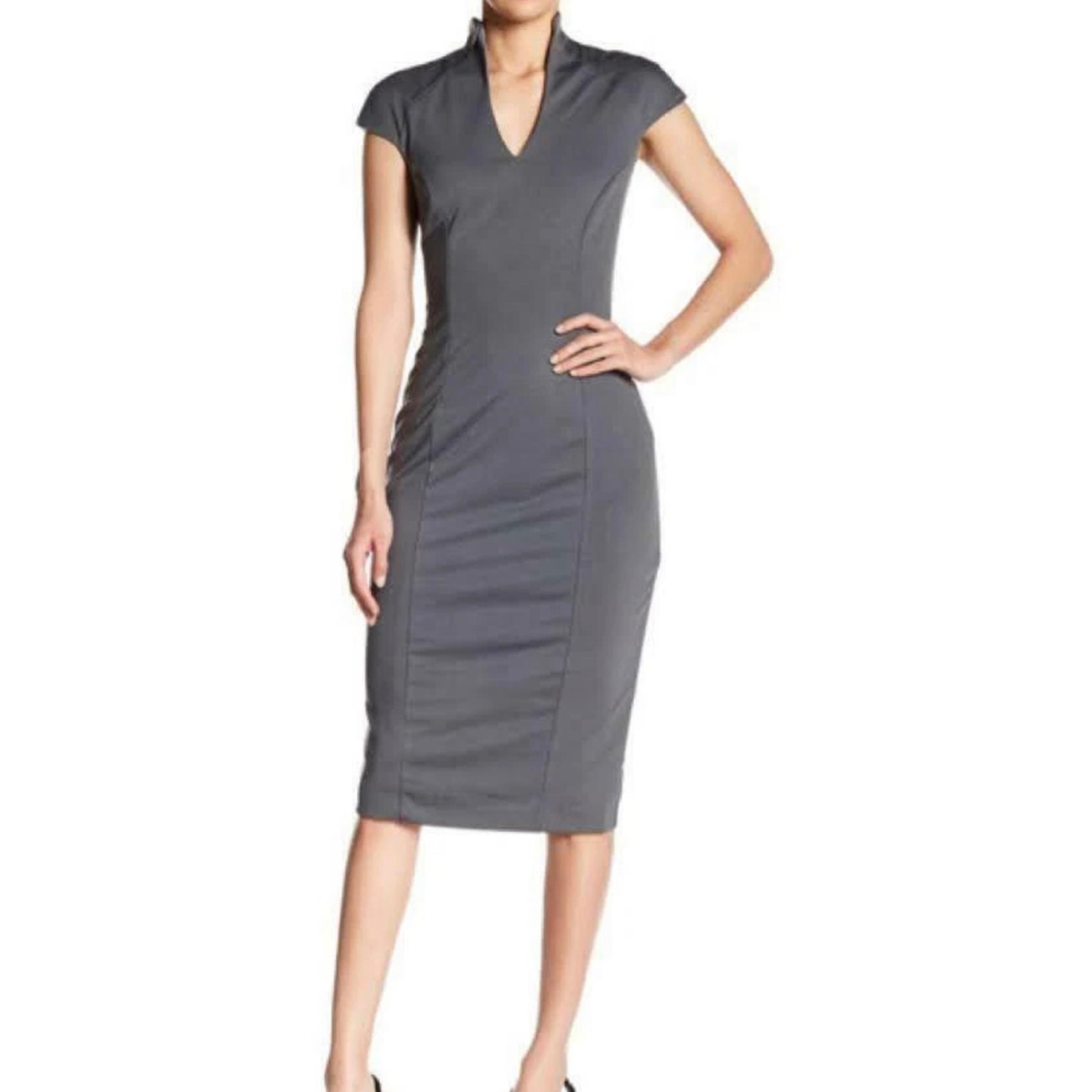 The Limited Womens Fitted Grey Dress Sz. XL Deep V, Cap Sleeve Bodycon Midi Soft