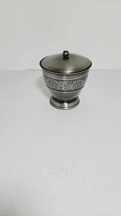 Vintage Metal Container with Lid, Floral Cut-Out Design, Pewter Sugar Spice Jar