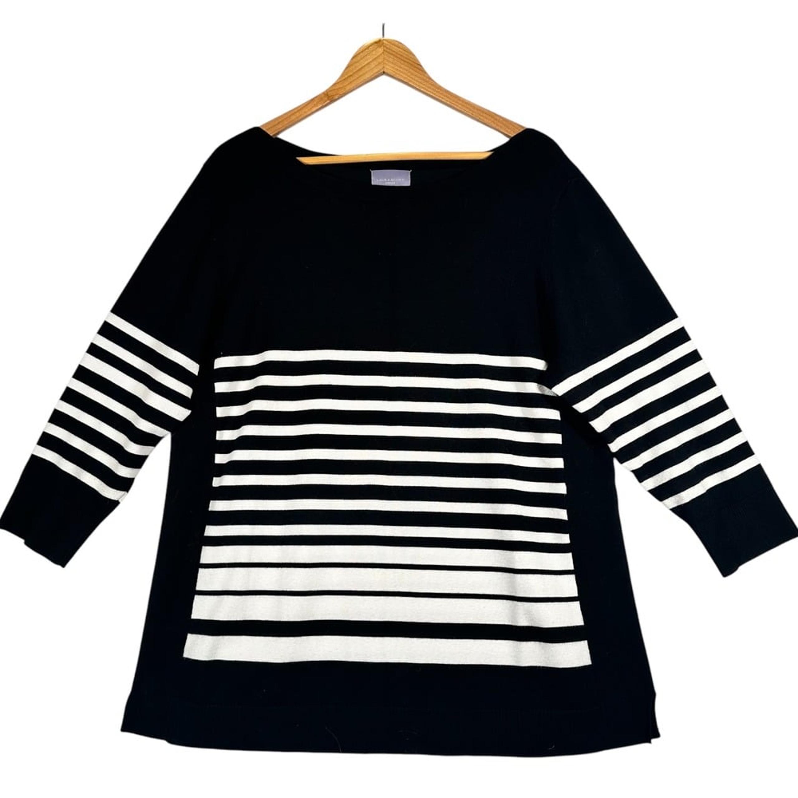 LAURA SCOTT Woman Size 2X Tunic Sweater 3/4 Sleeve Black White Stripe