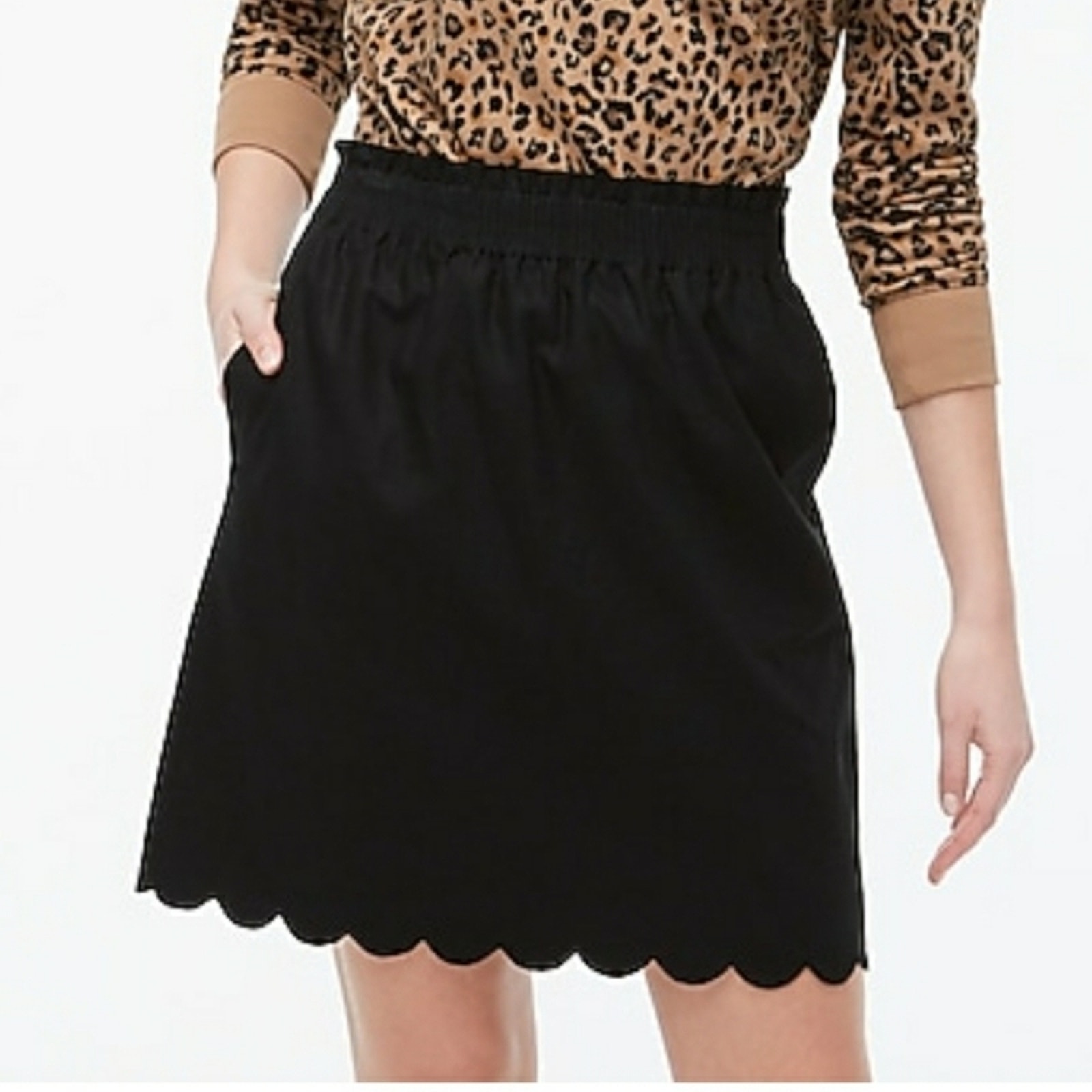 J. Crew Factory Linen Blend Skirt Black, Scallop Hem Size 0, Elastic Waist
