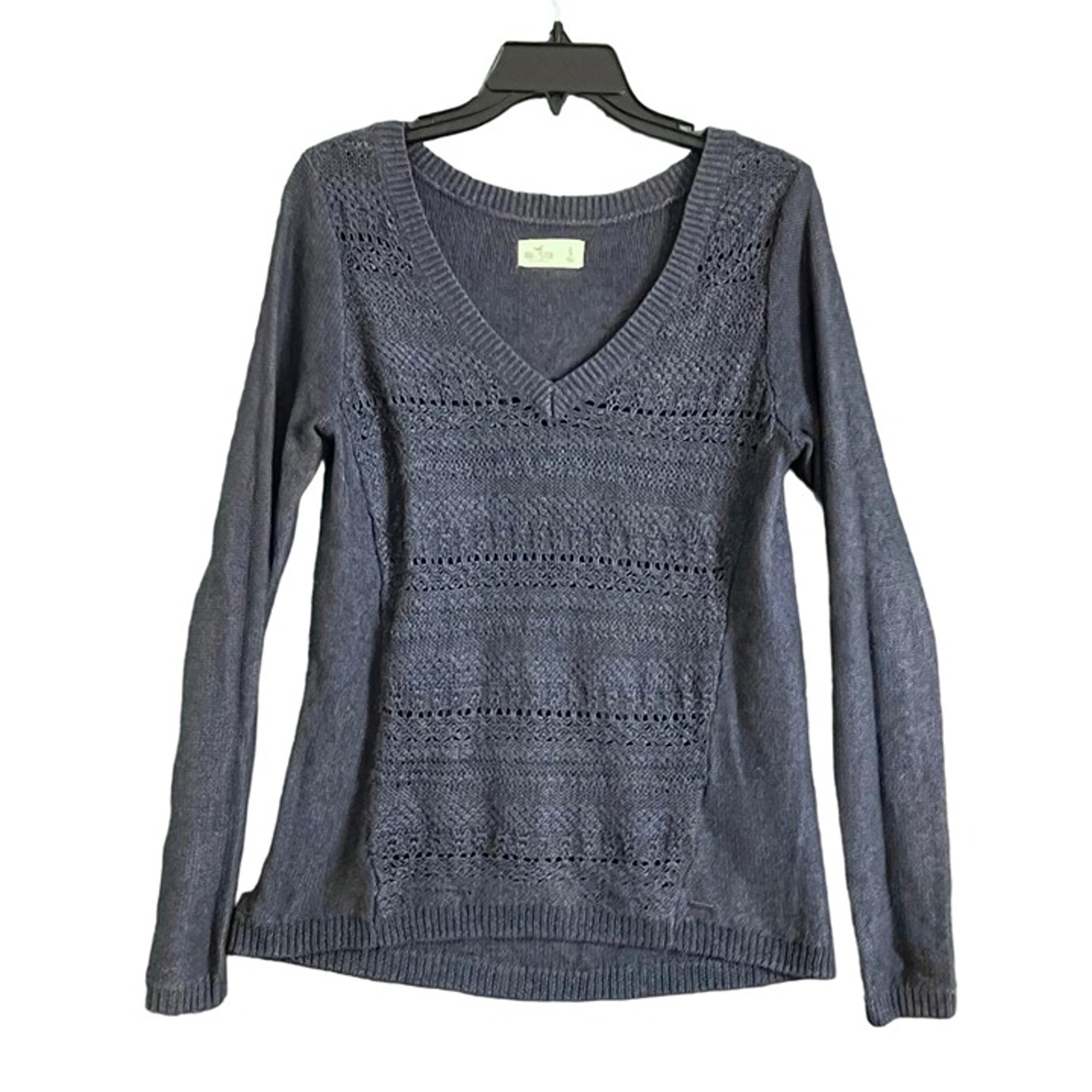 Hollister Womens Blue Gray Sweater V-Neck Long Sleeve  Horizontal Design Size SM