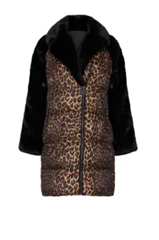 Heurueh Leopard Space Suit Puffer coat with faux fur in women's size S/Small.