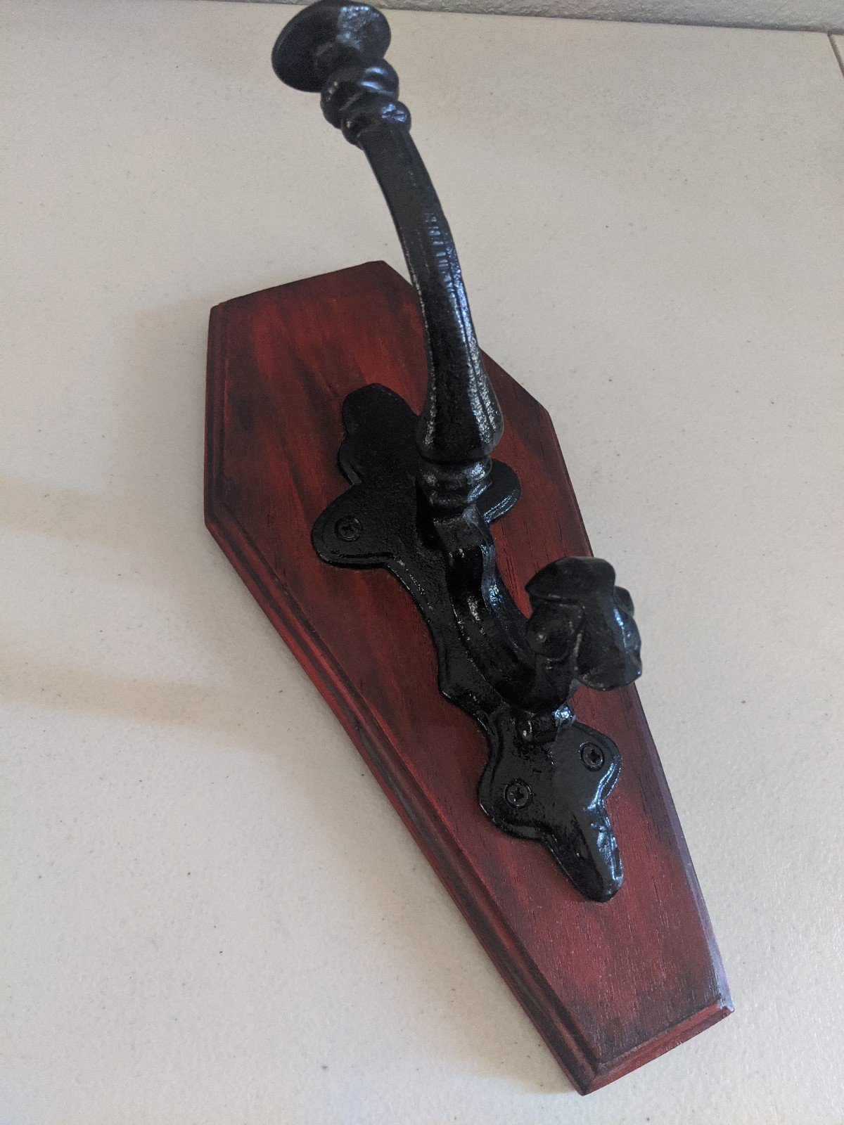 Rare Large Coffin Red Black Heavy Metal Dual Hook Solid Wood Wall Door Hook