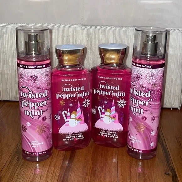 NEW Bundle 4 pcs Bath and Body Works of TWISTED PEPPERMINT Spray and Shower Gel