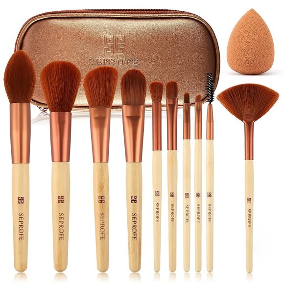 Women Brown Aluminum 10Pcs Makeup Brush Kit with Organizer Bag and Makeup Sponge