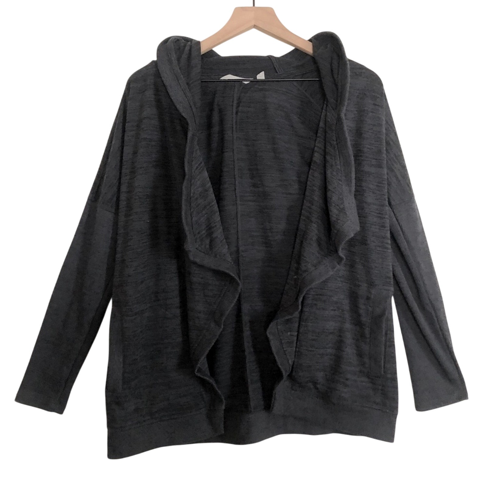 Athleta Cardigan Hoodied Dark Heather Gray Open Front Hooded Long Sleeve Sweater