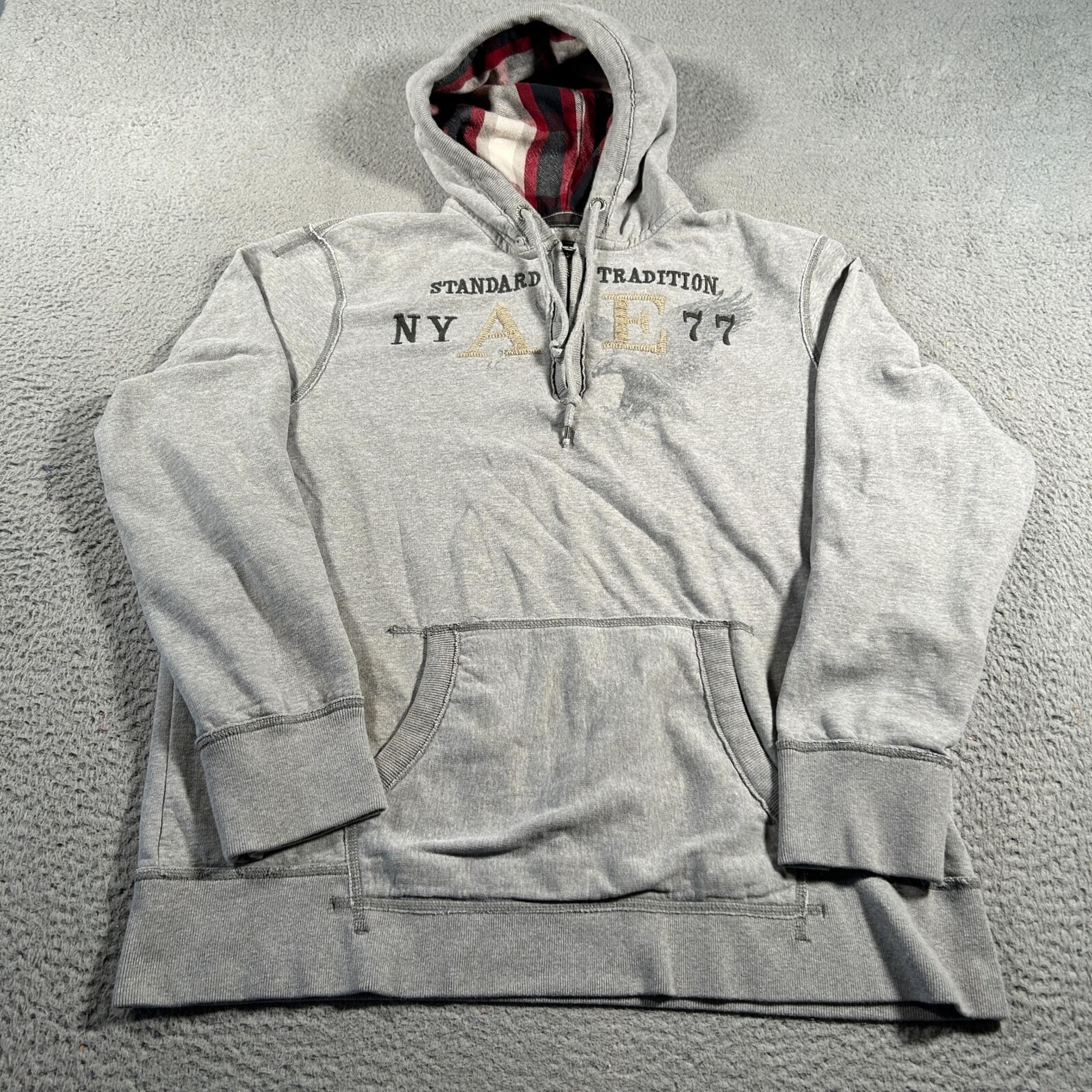 American Eagle Sweatshirt Men 2XL Gray Spell Out Pullover Plaid Hoodie Y2K