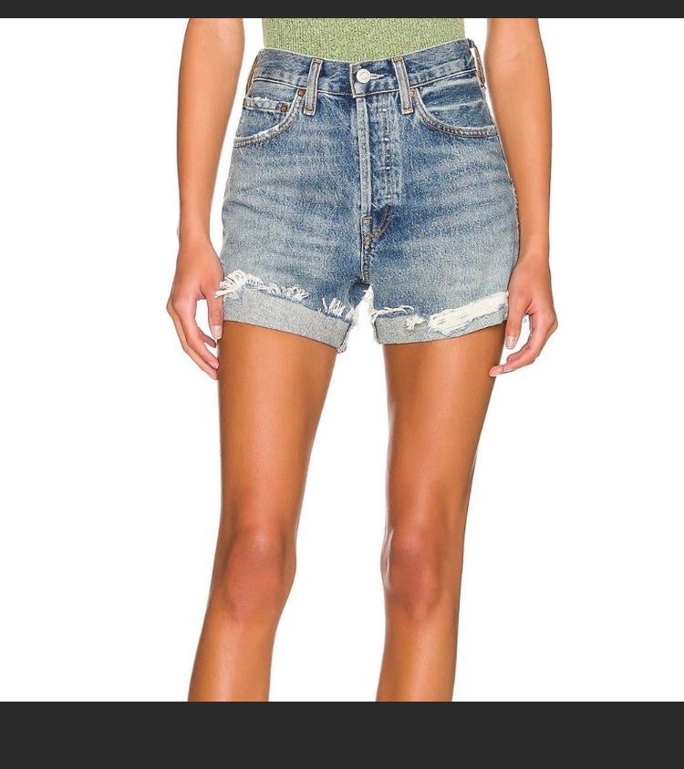 Agolde High Rise Parker Shorts in distressed denim