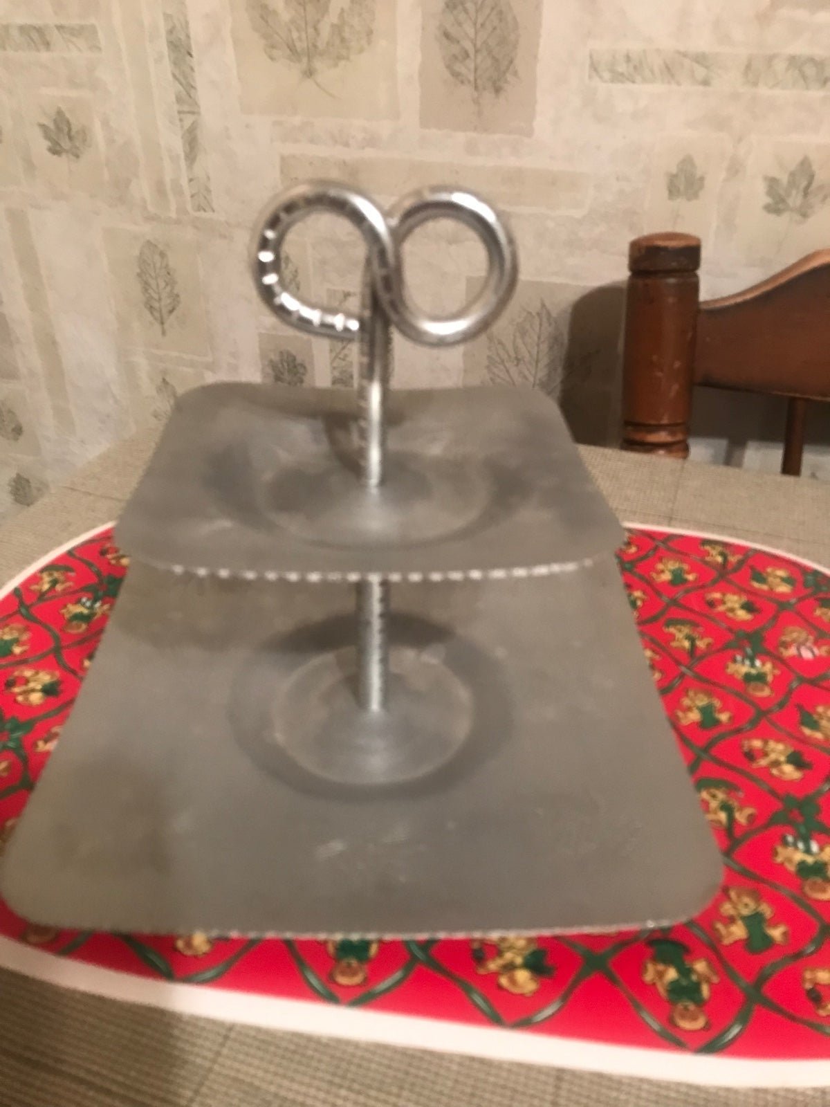 VTG Pine cone etched Aluminum 2 tiered serving dish