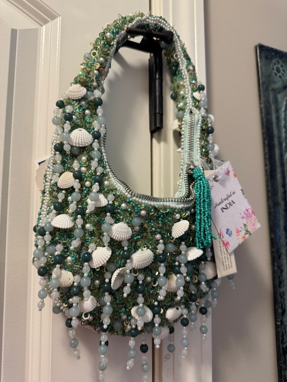 GREEN Beaded Shell Bag