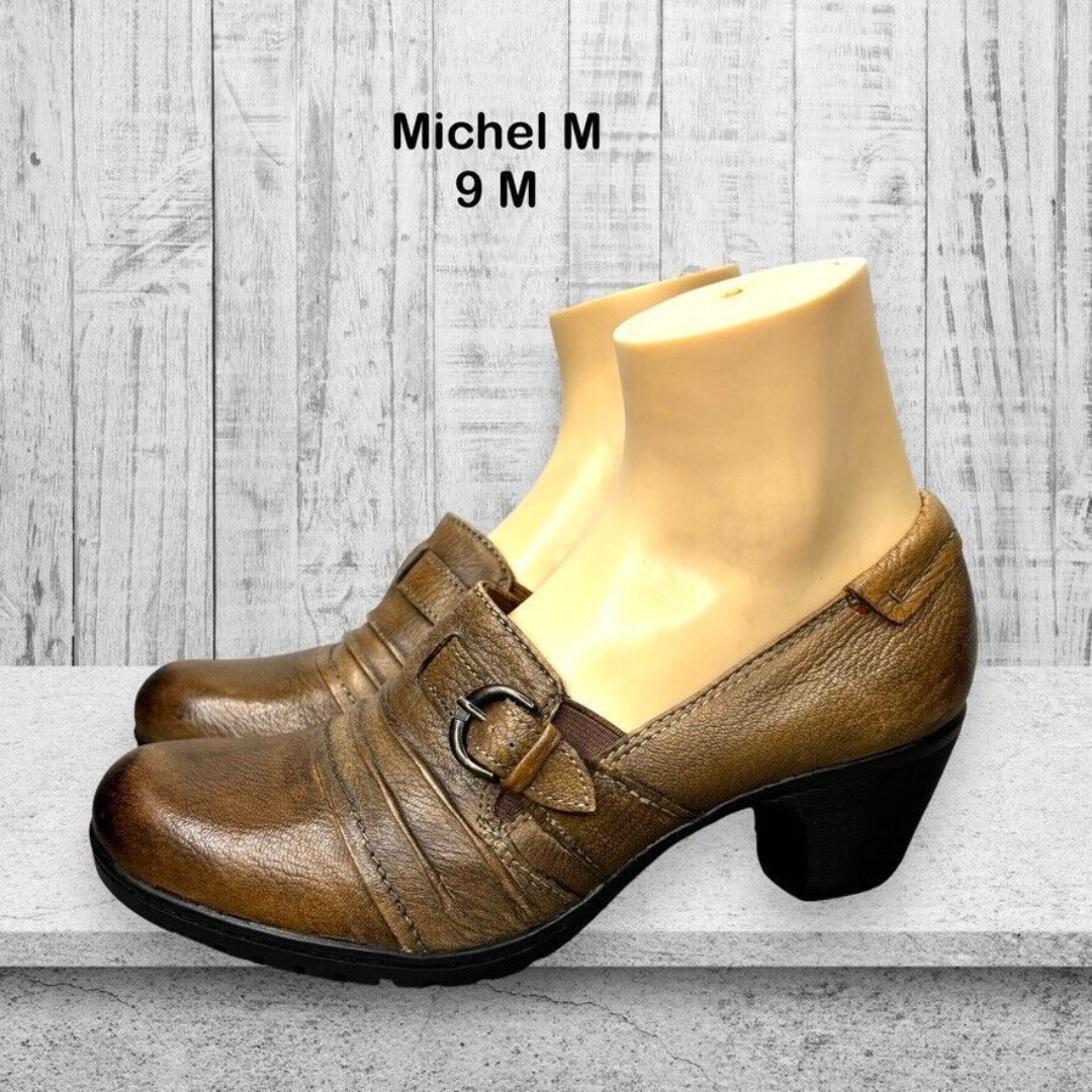 Michel M Cherry Brown Black Leather Slip on Block Heeled Clog Womens Size 9M