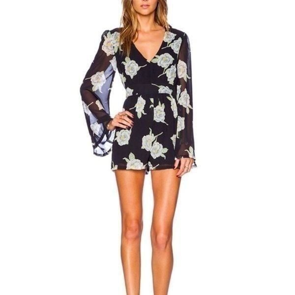 Mink Pink Black Floral Long Sleeve Oriental Bloom Sheer Playsuit Romper XS