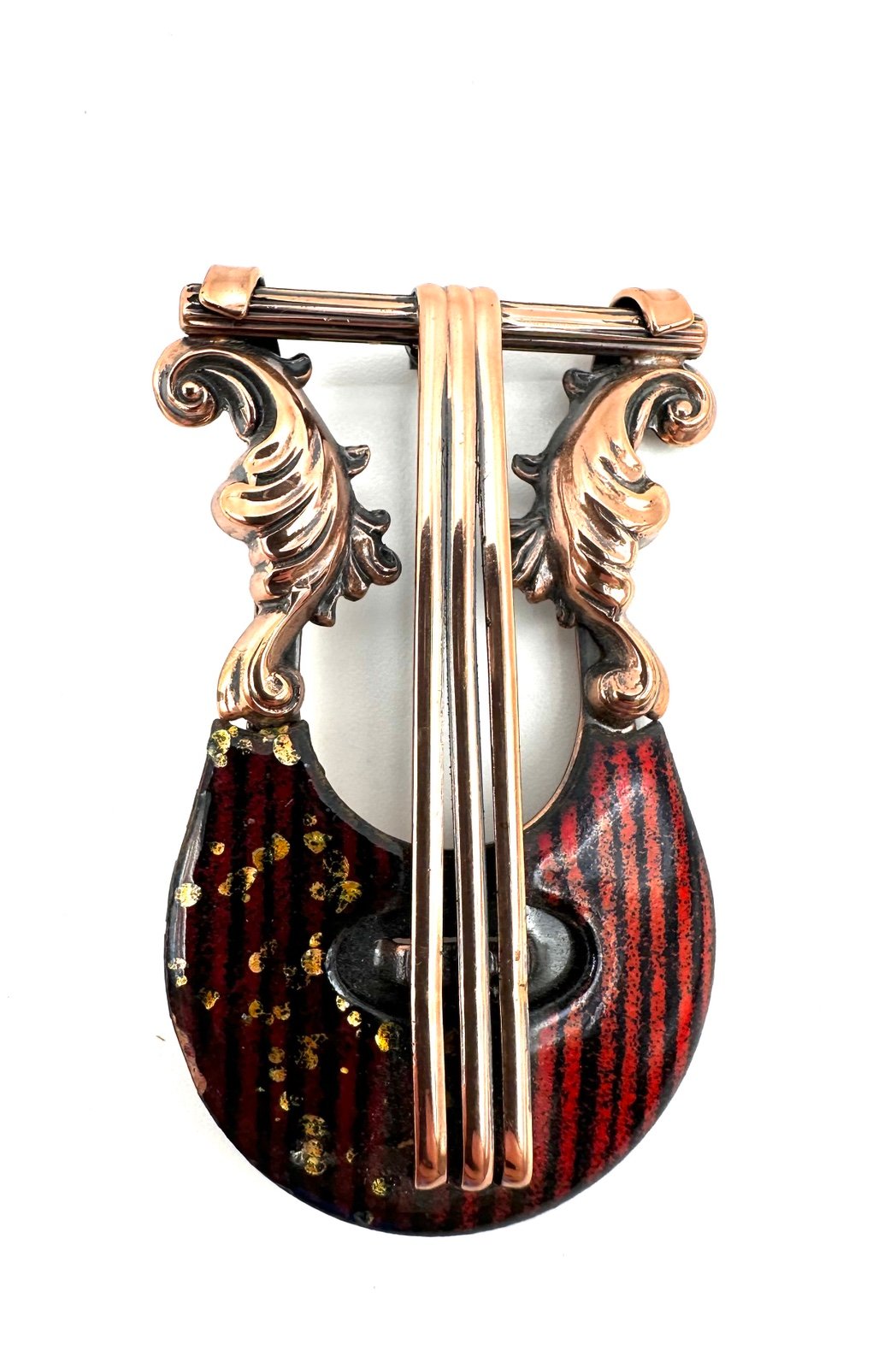 Matisse Renoir Mid-Century Modern Copper Enamel Lyre Musical Brooch