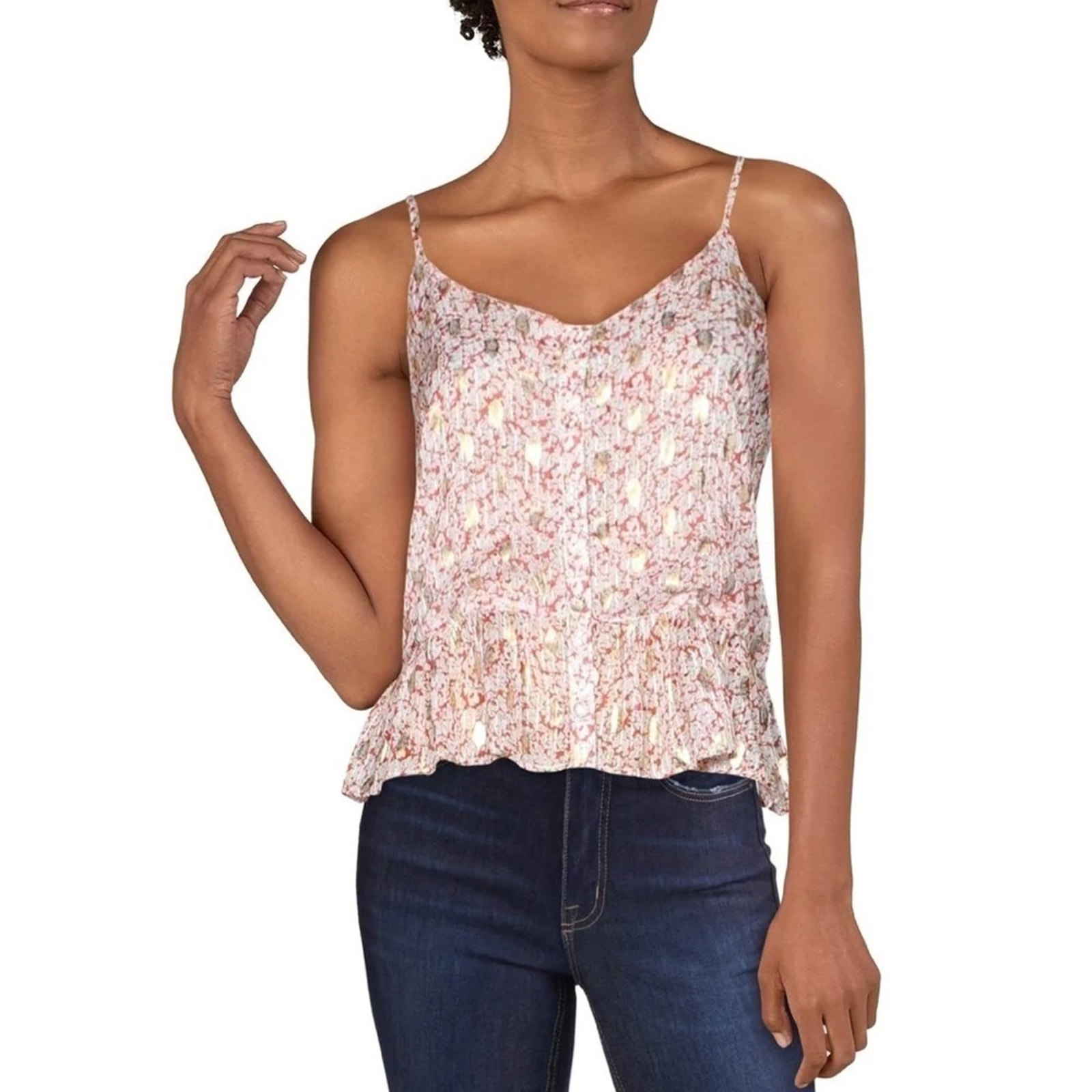 LINI Button Down Ruffle Tank Top with Metallic Sheen—Size Medium