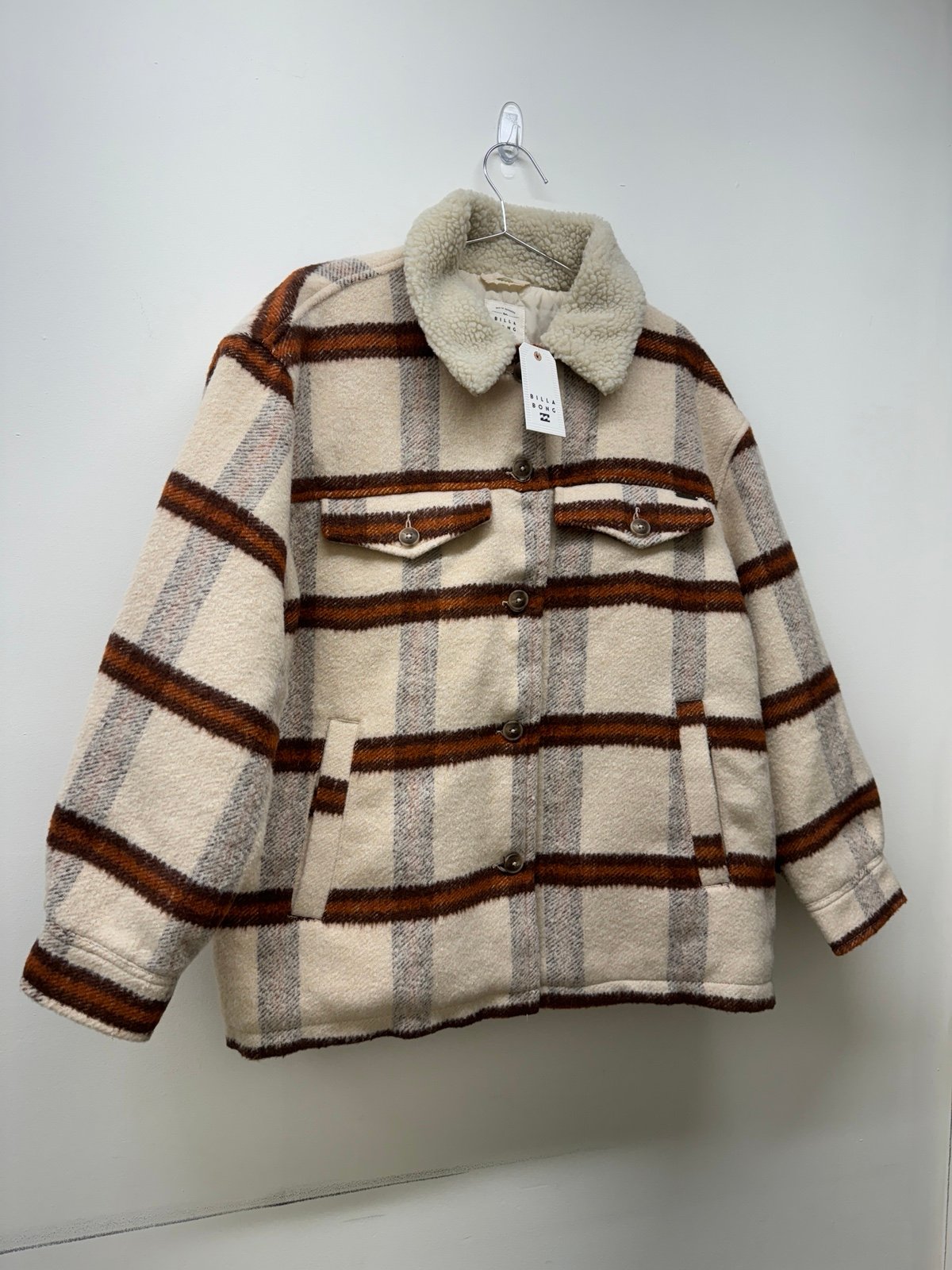 Billabong Lucky Charm Faux Shearling Plaid Women's Jacket XL Brand New