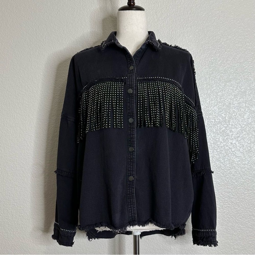 Zara Woman Western Black Denim Studded Fringe Jacket, Sz Small