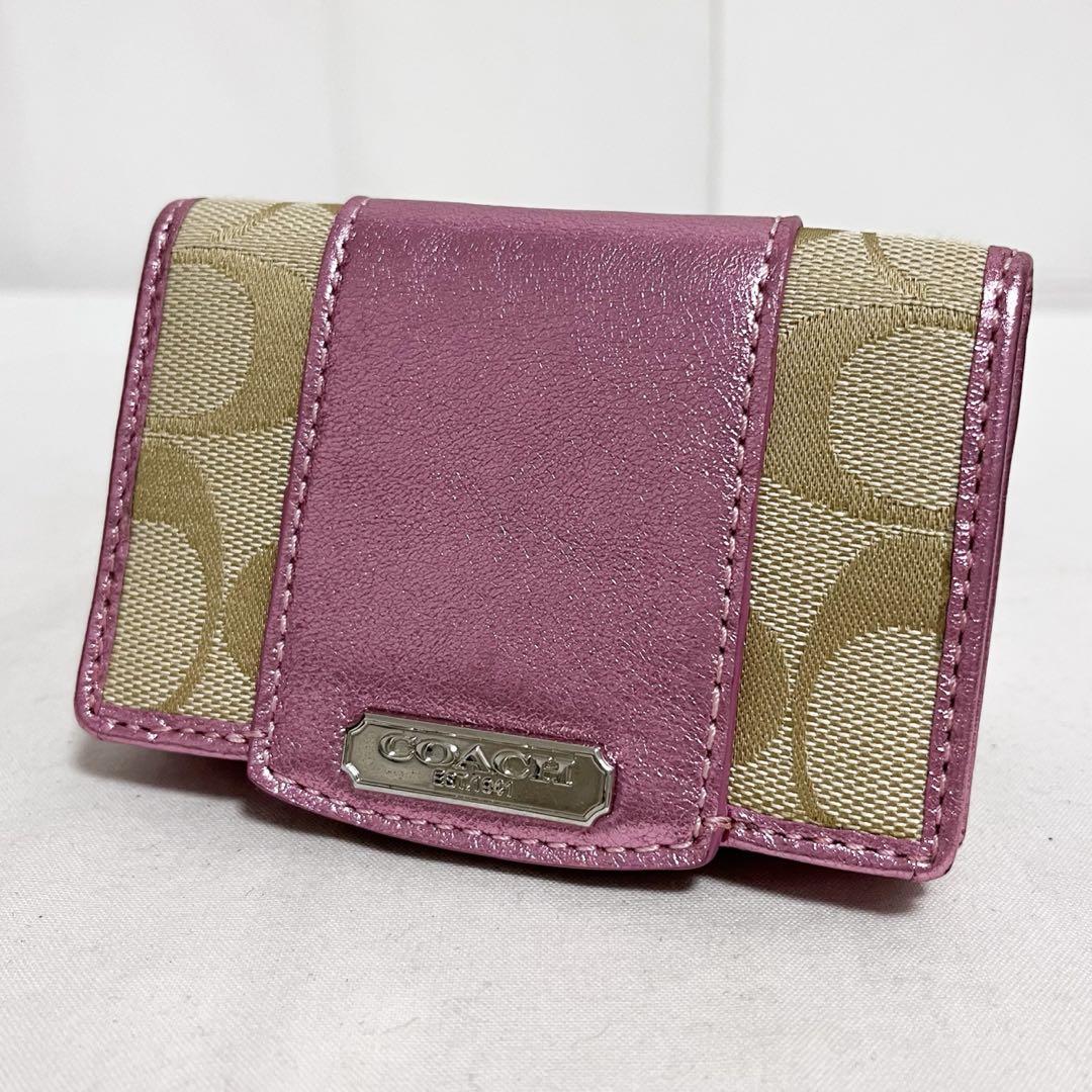 yu146★ COACH Card Case Business Card Holder Signature Metal Pink