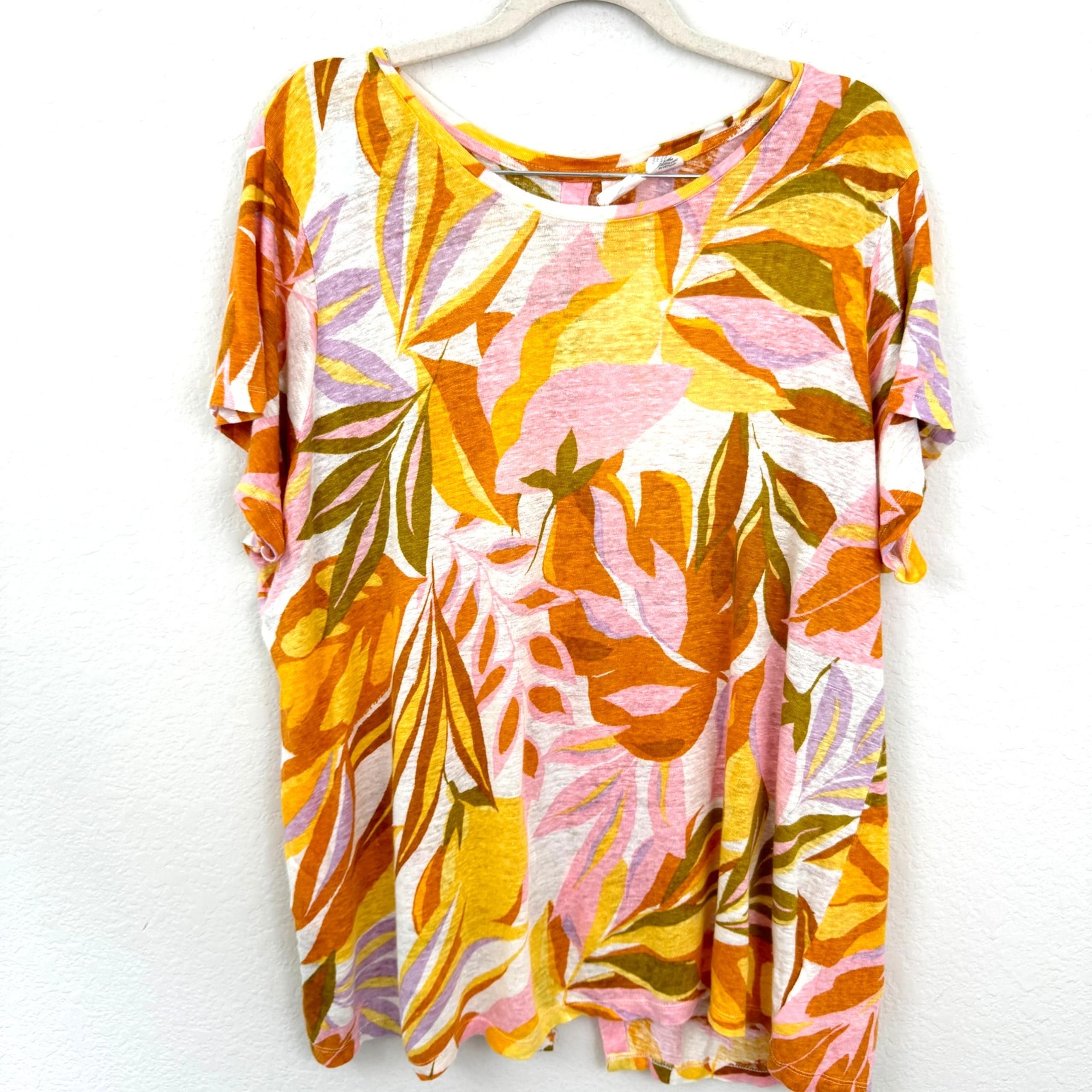 C&C California Womens Floral Top Blouse Size 3X 100% Linen Buttons Yellow Orange
