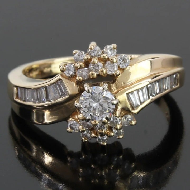 14K Yellow Gold Round + Baguette-cut Diamond Engagement Ring