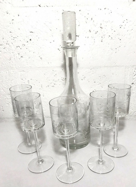 Crystal Decanter Set 5 Wine Port Sherry Goblets Cut Etched Flower Floral Pattern