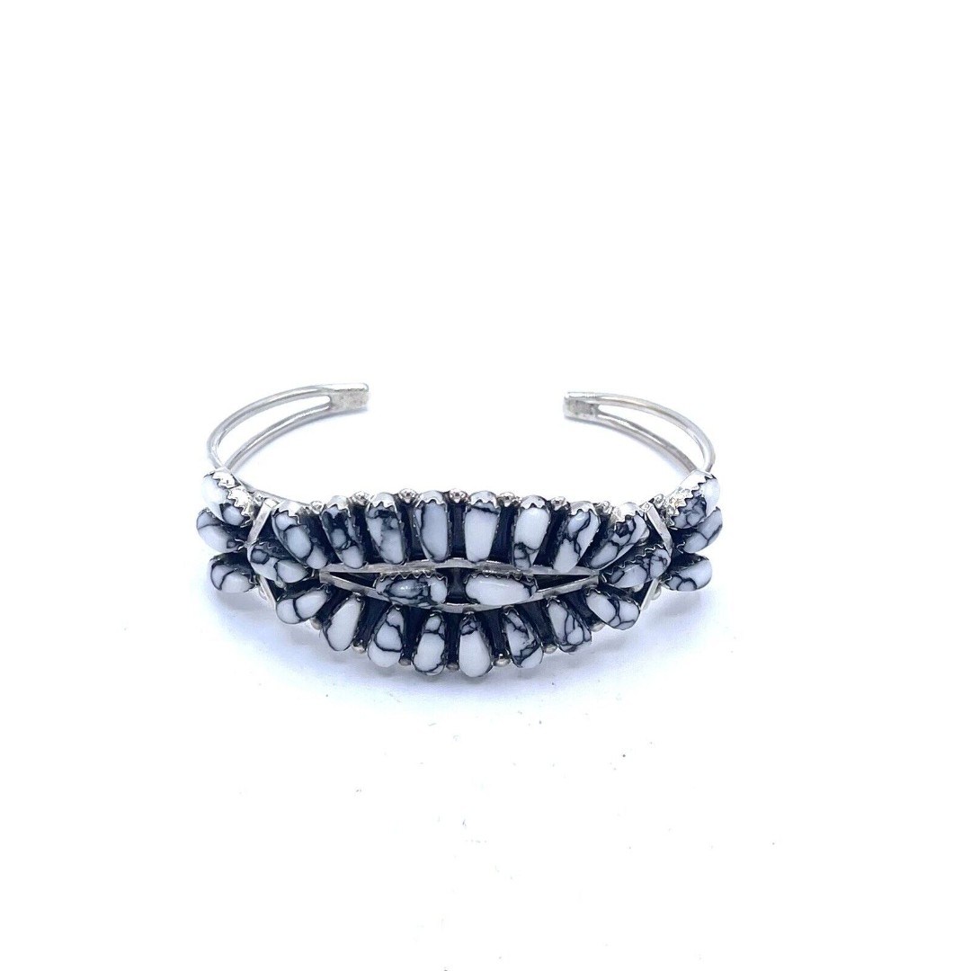 Native American Silver Handmade Navajo White Buffalo Cluster Cuff Bracelet
