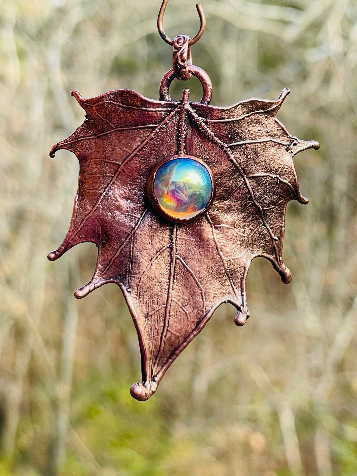 REAL LEAF PENDANT copper maple leaf with iridescent vintage glass HANDMADE FALL